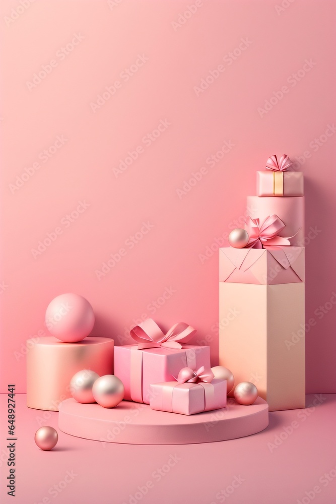 podium with gift boxes and balls on pink background made with Generative AI