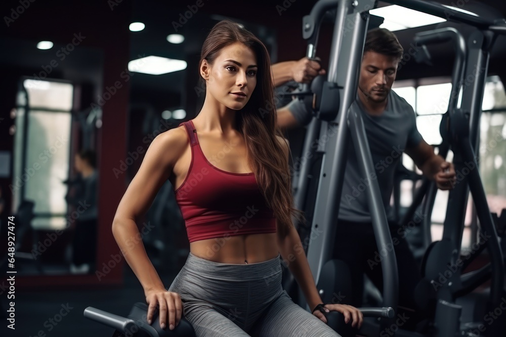 A man and a woman play sports in the gym with a personal trainer