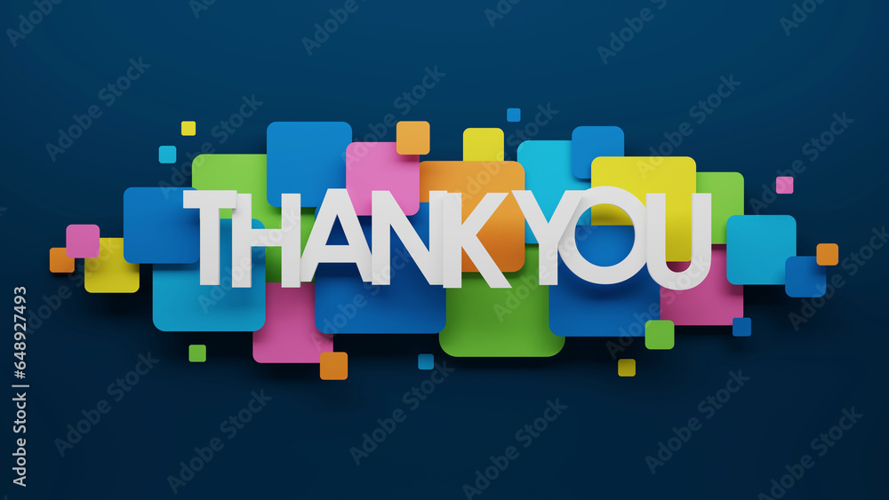 Fototapeta premium 3D render of THANK YOU typography with colorful squares on dark blue background