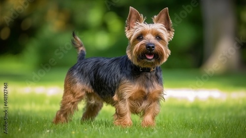 playful yorkshire terrier on the grass, at the park, in the yard © PawsomeStocks