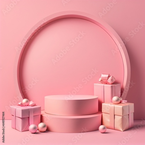 podium with gift boxes and balls on pink background made with Generative AI