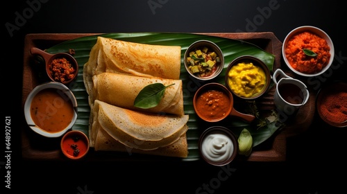 A plate of Indian crispy dosas with coconut chutney and sambar, south indian breakfast