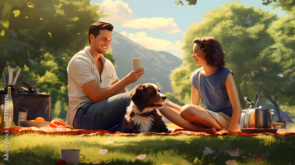 Experience a digital picnic with a happy couple and their beloved dog ...
