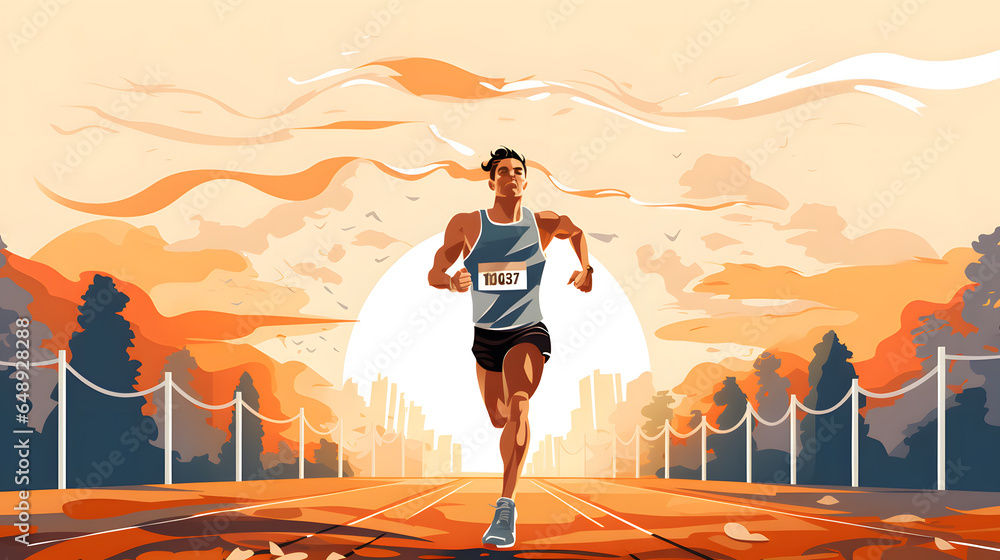 Witness an epic sunset marathon victory in this digital comic book-style illustration. - obrazy, fototapety, plakaty 
