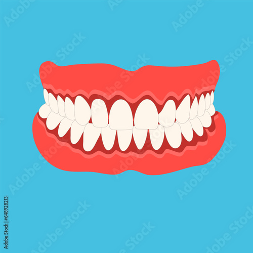 a set of artificial teeth attached to a small piece of plastic or similar material, that fits inside the mouth of someone who does not have their own teeth.