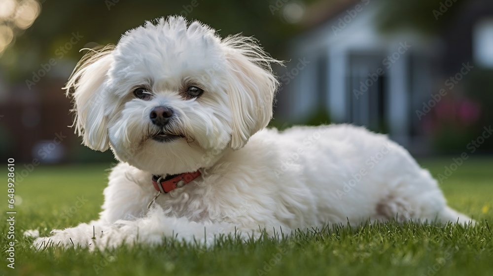 playful white miniature schnauzer dog on the grass, at the park, in the yard