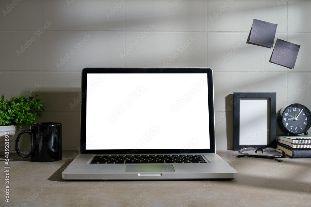 Mockup computer laptop, coffee cup, alarm clock and ceramic vase on white table. Mockup computer laptop, coffee cup, alarm clock and ceramic vase on white table.