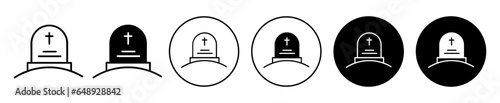 Tombstone icon. Graveyard granite stone with Christian cross symbol. Die person burial ceremony vector. Death memorial head stone sign. RIP funeral tomb logo.