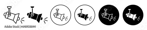
Spotlight icon. Night club disco party flash beam light projector symbol. Film studio or theater hall spot light lamp vector. Music concert stage show light sign.
