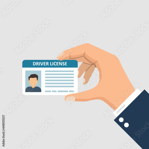 Hand holding driver license icon in flat style. Id card vector illustration on isolated background. Person document sign business concept.
