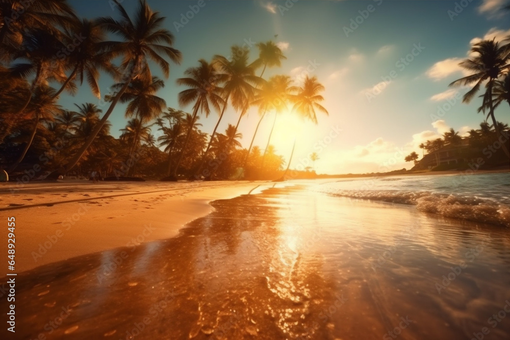 palm landscape ocean sunrise beach sky island sun sunset sea. Generative AI.