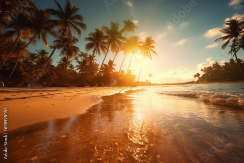 palm landscape ocean sunrise beach sky island sun sunset sea. Generative AI. © VICHIZH