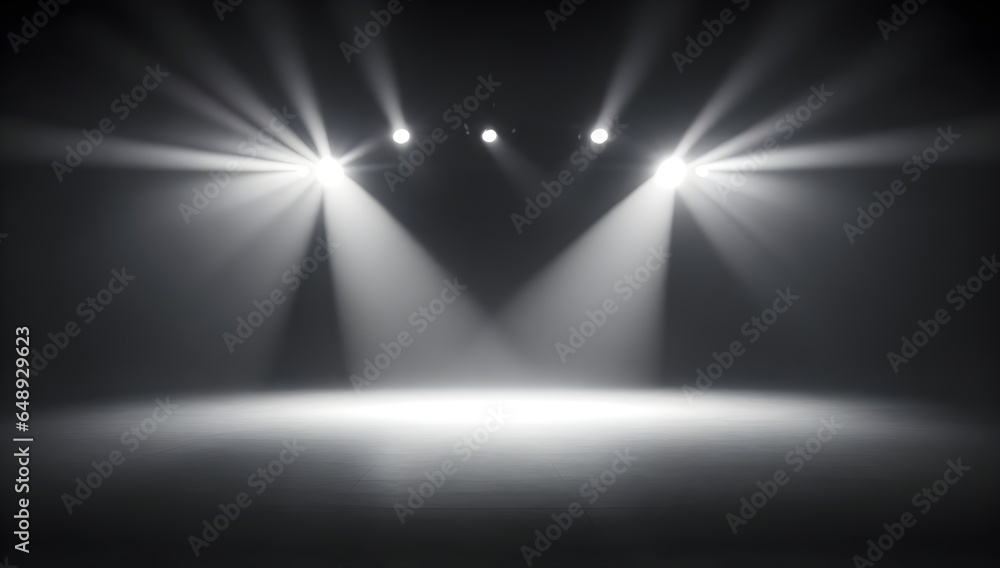 Fototapeta premium Empty Black Stage Illuminated by Powerful Floodlights, Perfect for Performances