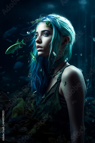 Young mermaid caught in the underwater marine pollution  victim of the impact from plastic and trash. Gothic trashpunk style of the ocean crisis. Vibrant depiction.