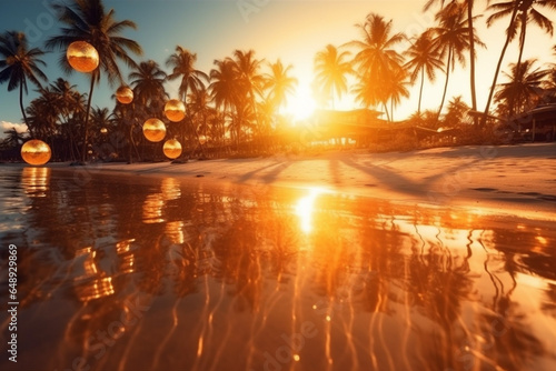 landscape palm beach ocean sun sky sunset island sunrise sea. Generative AI.