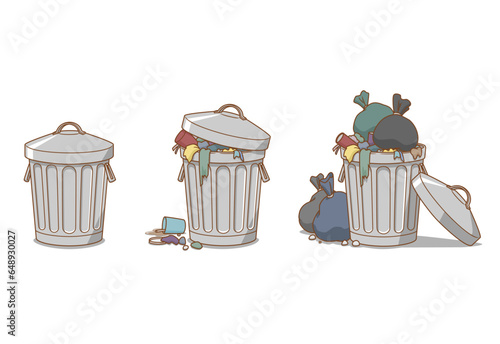 Vector illustration of empty trash can, full trash can, and overflowing trash can.