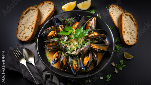  top view , Delicious seafood mussels with with sauce and parsley. Lemon and baguette.