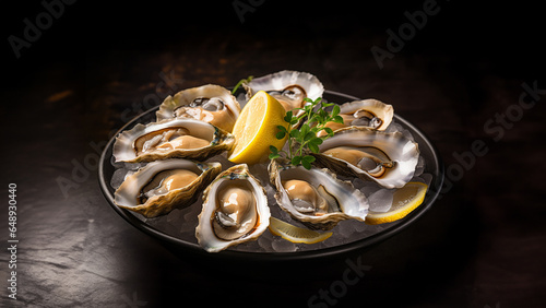 Chilled oysters on a bed of ice, garnished with a fresh lemon wedge.dark background.