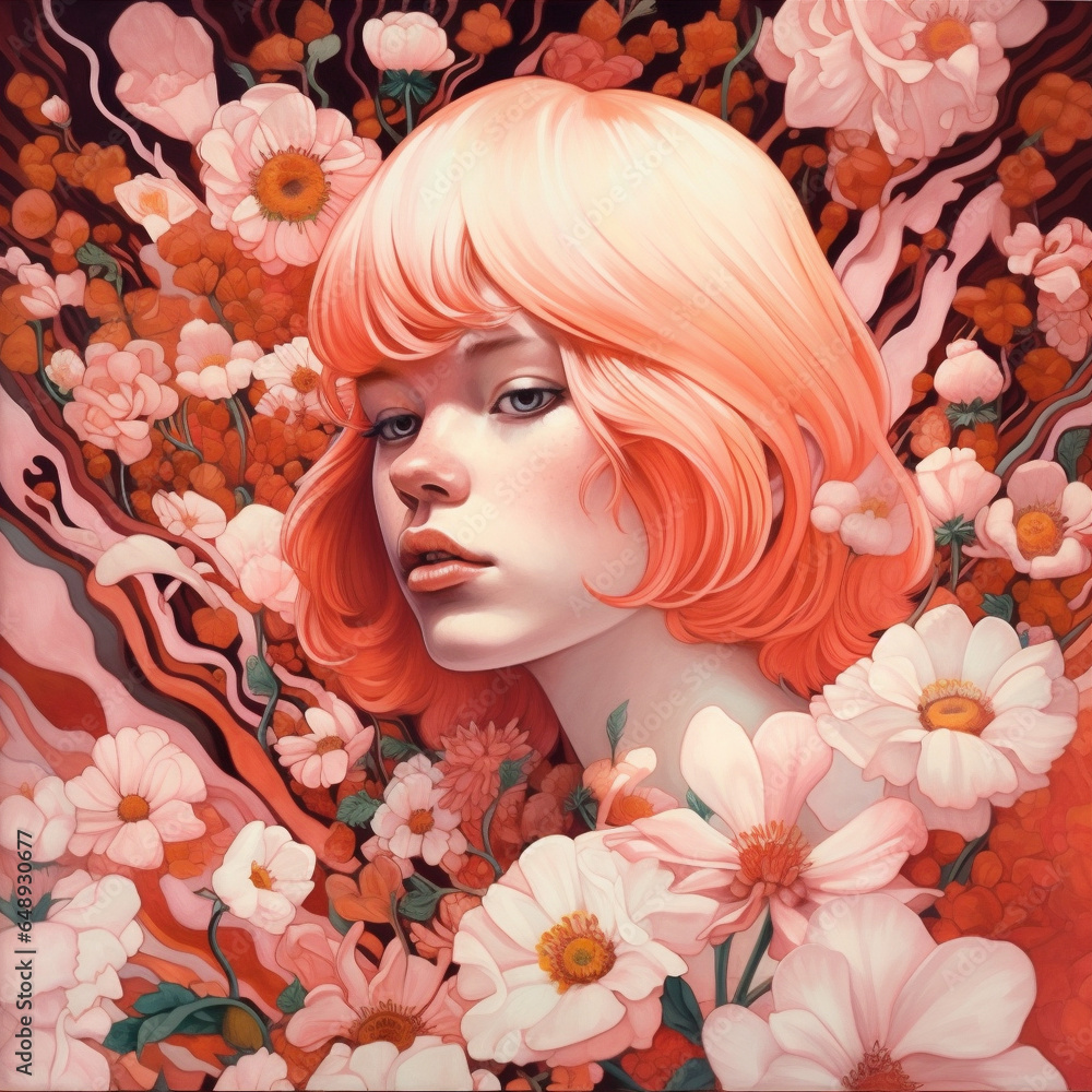 woman face trend make-up tender flower girl beauty pastel colourful portrait. Generative AI.