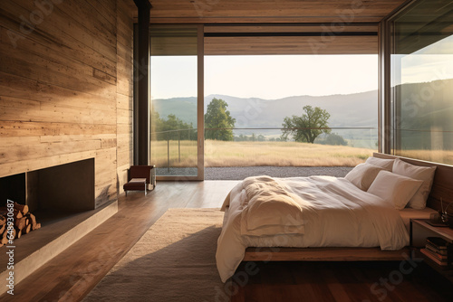 Farmhouse interior design of modern bedroom, generative AI © Alexander