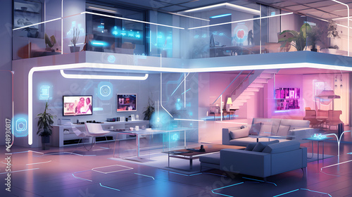 Concept Interior illustration of smart home with artificial intelligence concept. Future of home living 