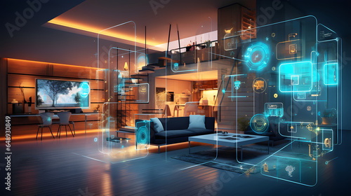 Concept Interior illustration of smart home with artificial intelligence concept. Future of home living  photo