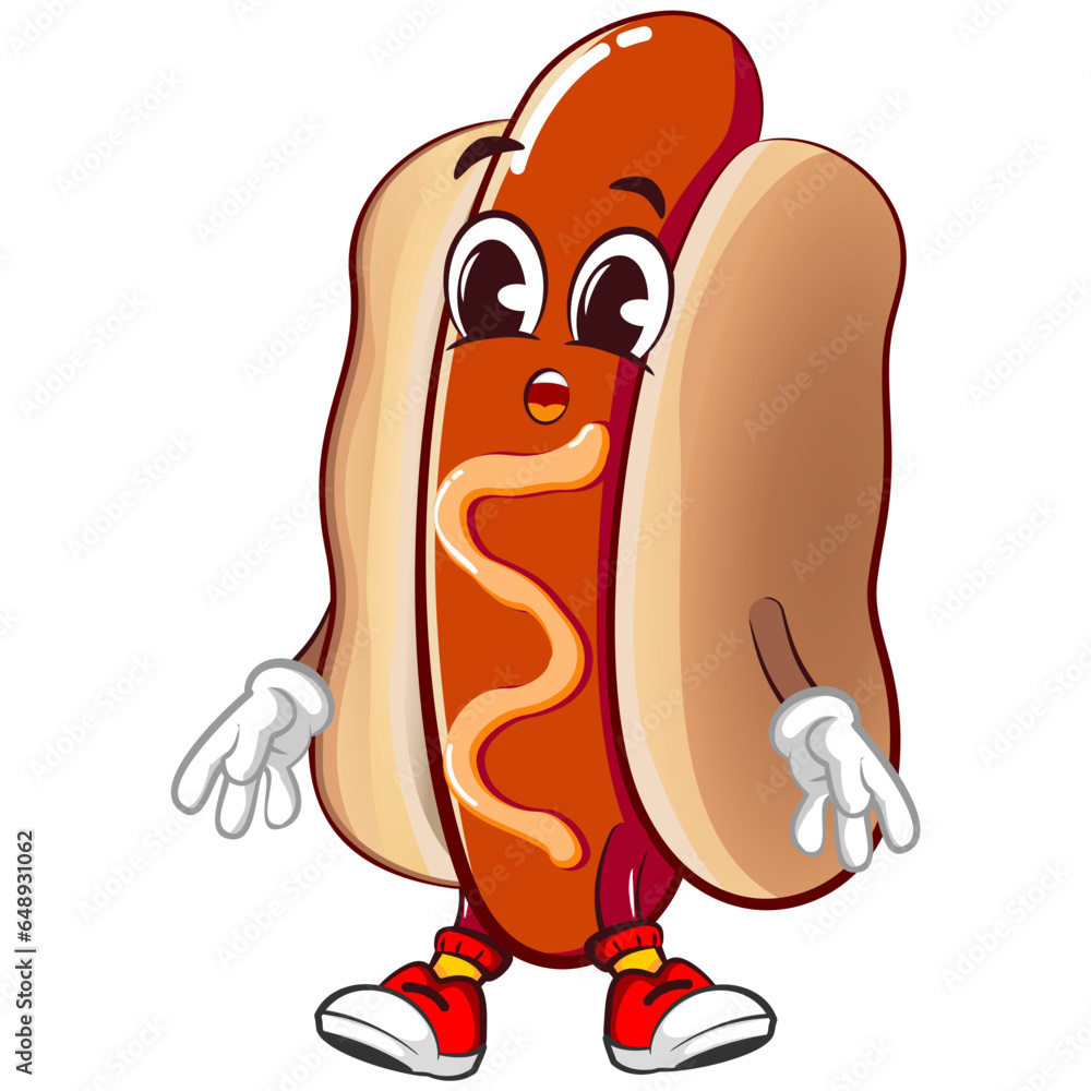 Cute happy hot dog mascot is feeling lethargic and tired. Isolated