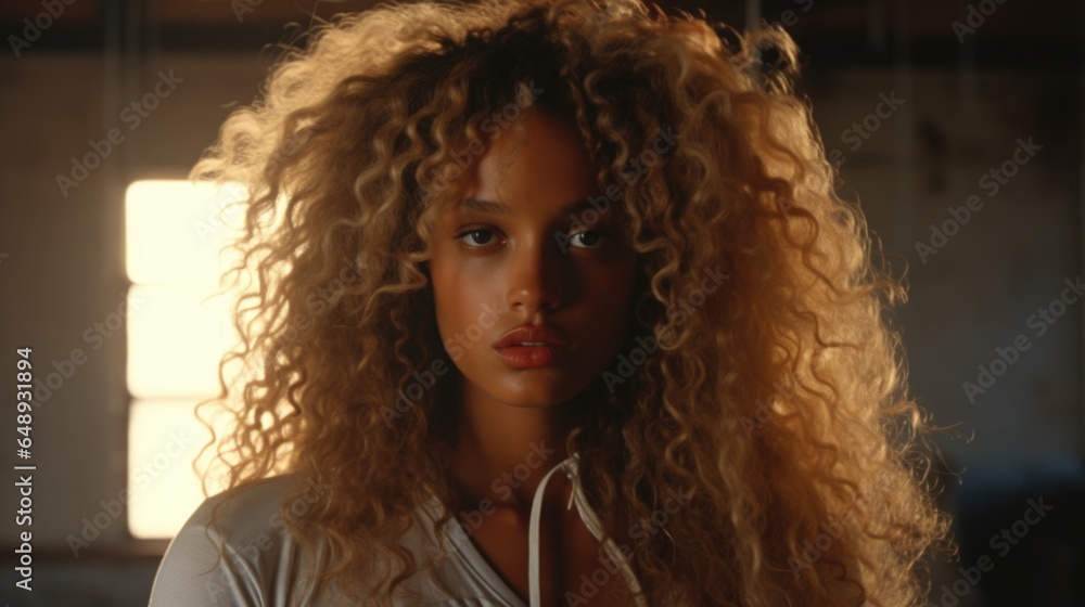 Fototapeta premium A woman with long curly hair standing in a room