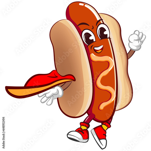cute happy hot dog flying superhero mascot with cape. Isolated vector flat cartoon character illustration design