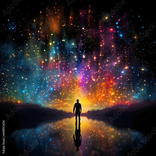 silhouette of man looking up to colorful night sky.AI generated