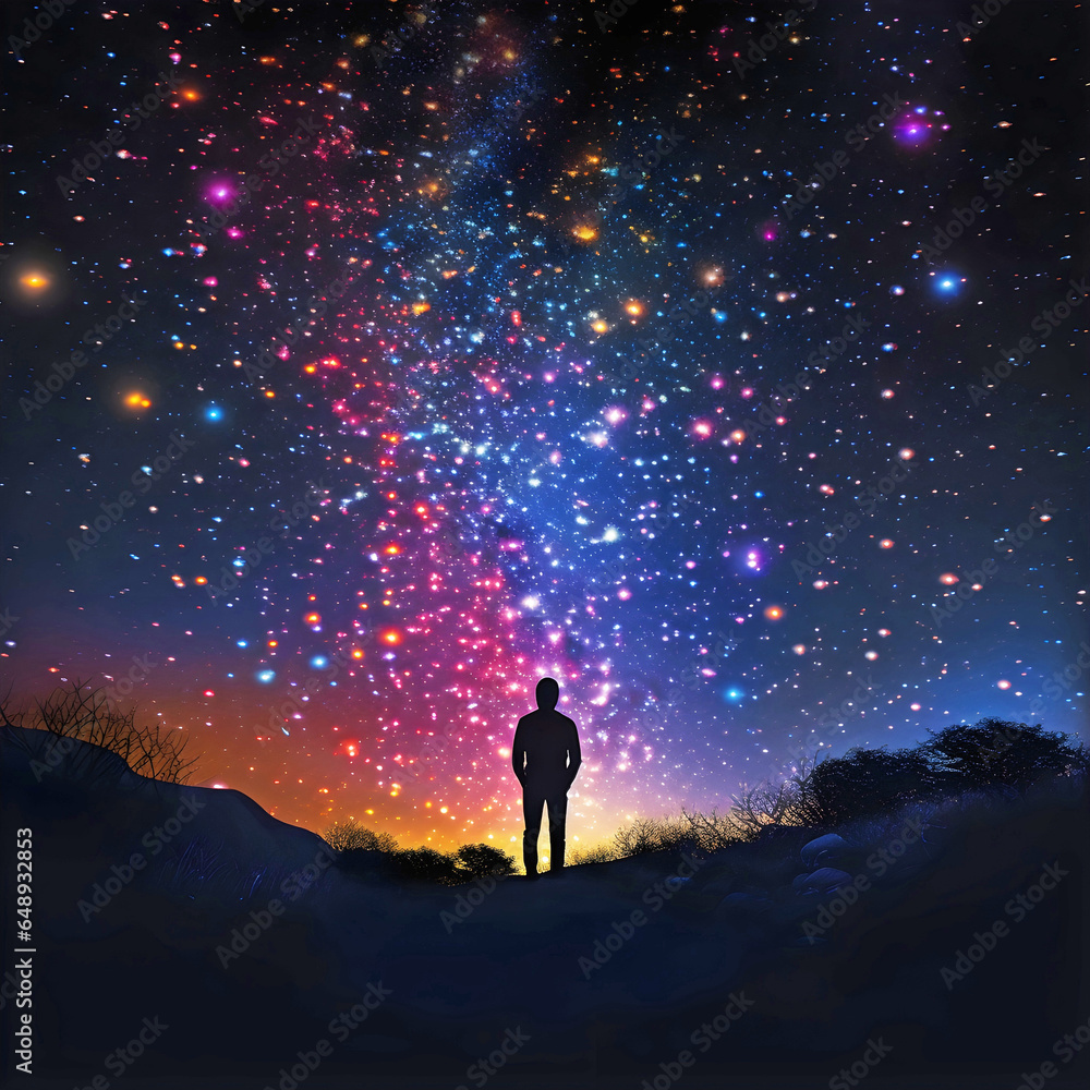 silhouette of man looking up to colorful night sky.AI generated