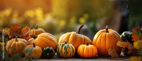 Still life of pumpkins of various shapes in nature as halloween background, generative ai 