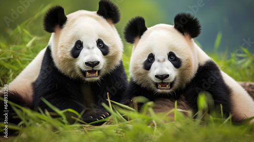 Group of giant pandas close-up on green grass