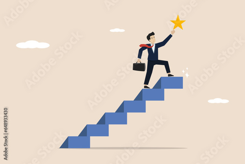 Hope of success in business, achievements and business goals, awards concept, smart confident businessman climbing the ladder to the top to achieve valuable star awards. Businessman illustration.