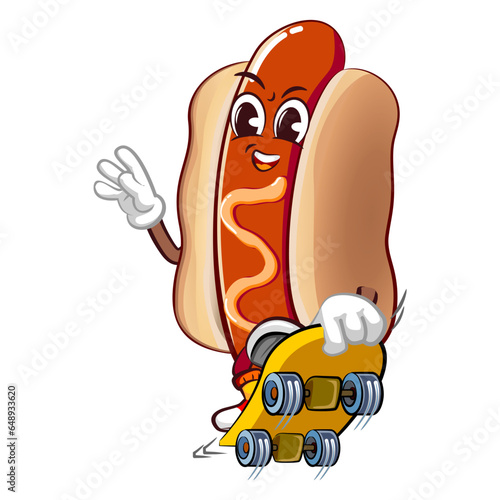 cute happy hot dog mascot playing skateboard sliding. Isolated vector flat cartoon character illustrationdesign