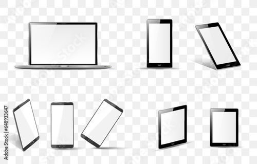 smartphone, tablet and laptop set with blank screen saver isolated on white background. realistic and detailed devices mockup. stock vector illustration