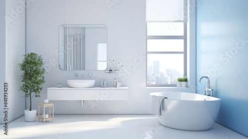 Interior of modern luxury scandi bathroom with white walls and window. White countertop with bowl-shaped sink  rectangular mirror  free standing bath. Contemporary home design. 3D rendering.
