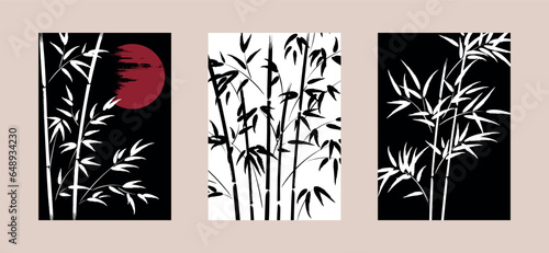 abstract brush strokes bamboo poster set, tree vector illustration, minimalist landscape view design, A3 prints and backgrounds