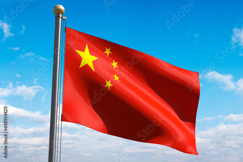 3d rendering China flag waving in the wind on flagpole. Blue sky with clouds background