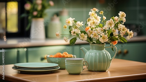 Wallpaper Mural Dining table with Easter decoration in a modern classic kitchen. Wooden table top, tea-set, eggs in a bowl, beautiful spring flowers. Green kitchen furniture and window on the background. 3D rendering Torontodigital.ca