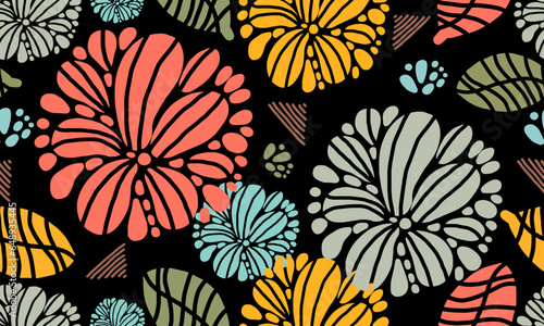 Seamless pattern chrysanthemums and leaves. © sheril