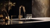 Fragment of a modern luxury kitchen. Marble countertop with built-in sink, gold faucet, black marble backsplash, flowers in a vase. Close-up. Contemporary interior design. 3D rendering.