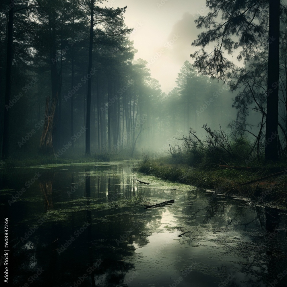 Mystical mysterious foggy forest, swamp among creepy trees. Image generated by AI.
