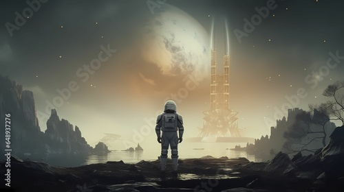 
an Astronaut in an Alien Terrain, with a Distant Abandoned Brutalist Architecture Emerging through the Fog. photo
