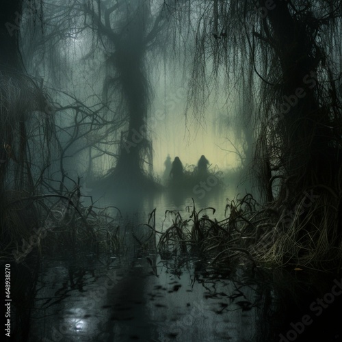 Mystical mysterious foggy forest, nymphs, mermaids or scary witches in a swamp among creepy trees. Image generated by AI. 