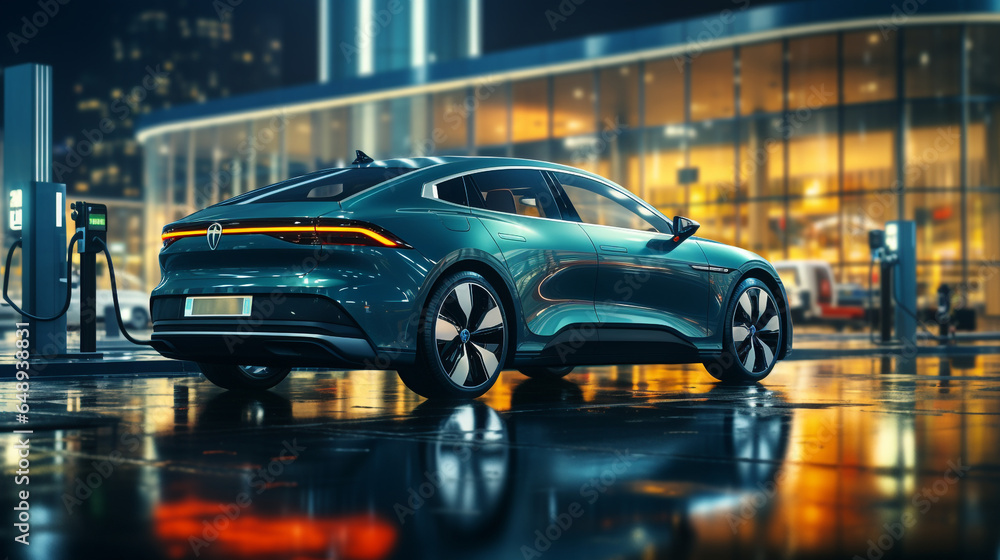 Eco power. electric vehicle charging station with power cable supply plugged station made with AI Eco power. electric vehicle charging station with power cable supply plugged station made with AI