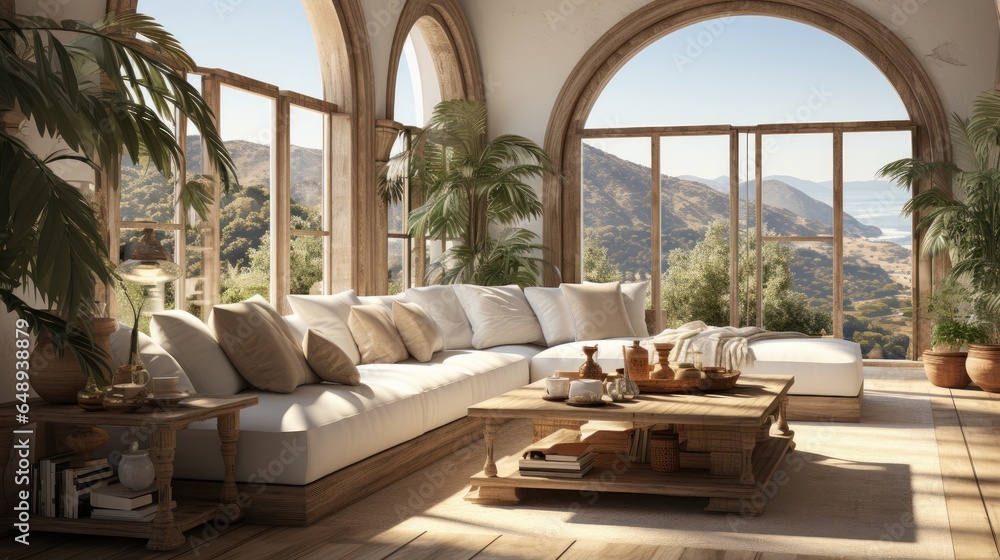 Obraz premium Interior of elegant modern living room in luxury villa. Stylish sofa, wooden coffee table and side tables, houseplants, arch windows with beautiful landscape view. Contemporary design. 3D rendering.