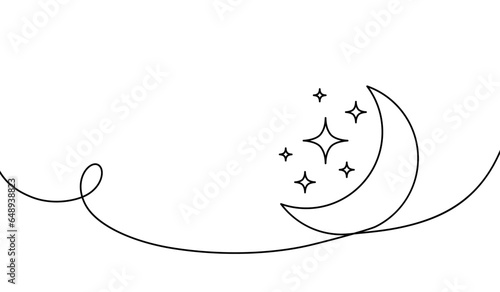 Moon continuous one line art icon. Hand drawn black moon isolated on white background. Hands drawing graphic element crescent. Draw symbol for design prints. Oneline lineart. Vector illustration