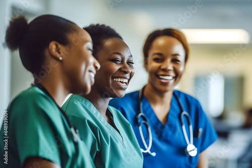 Three nurses laughing and talking in a hospital, positivity and collegiality