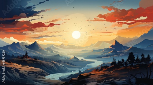 mountain range with a moon landscape in the style of orange and red minimalistic drawing